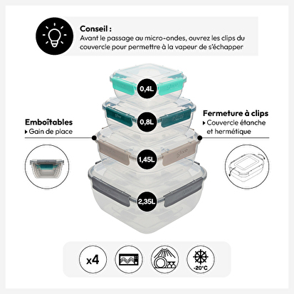 Lot de 4 boîtes en plastique carré Klic