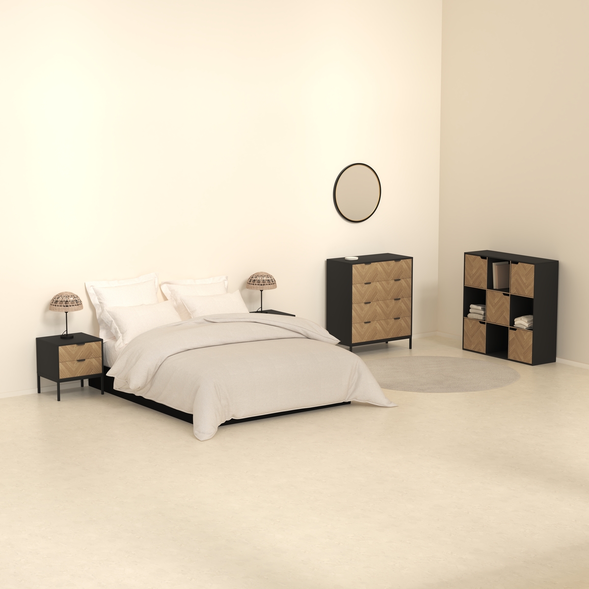 Commode 4 tiroirs, effet pin naturel et noir Chevrons