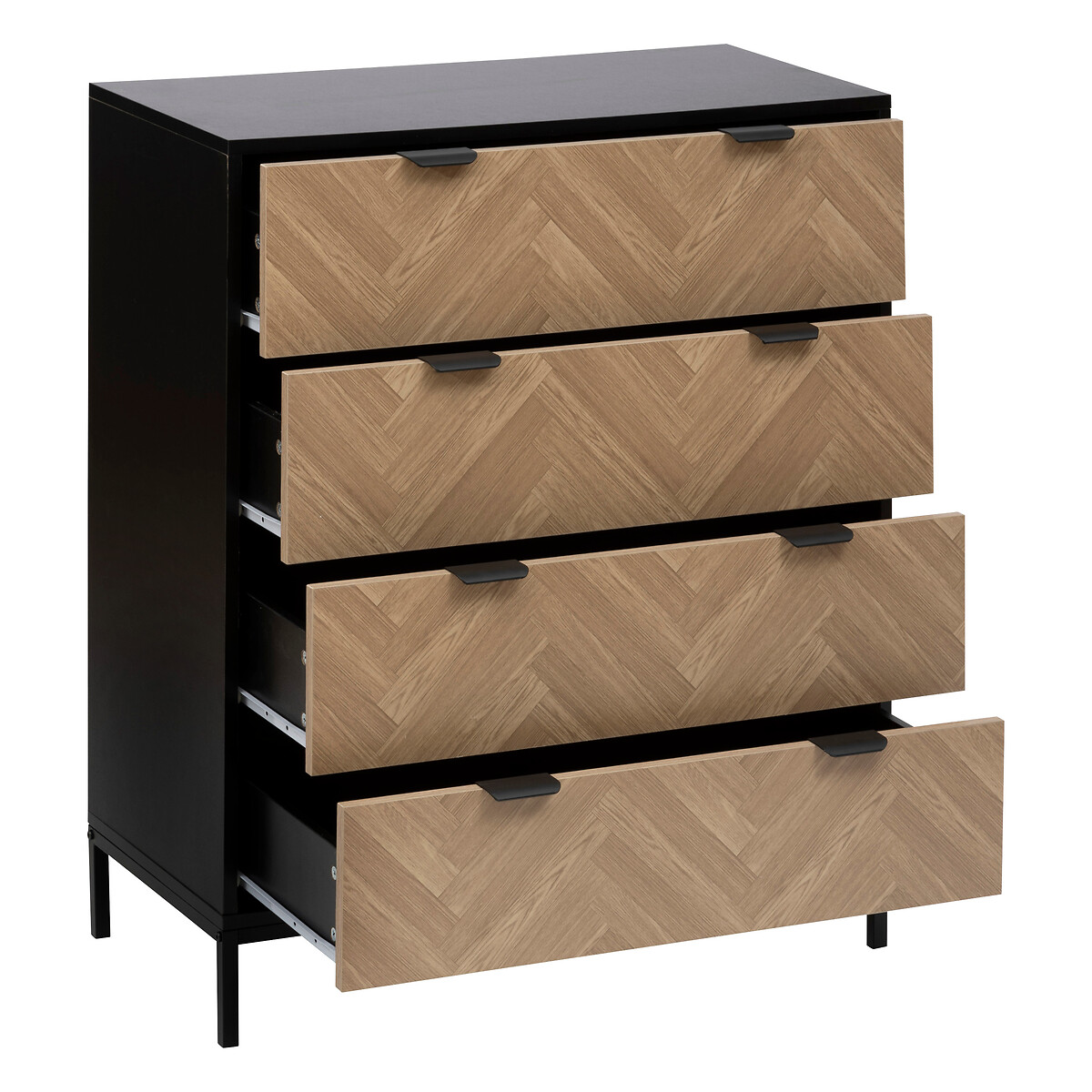 Commode 4 tiroirs, effet pin naturel et noir Chevrons