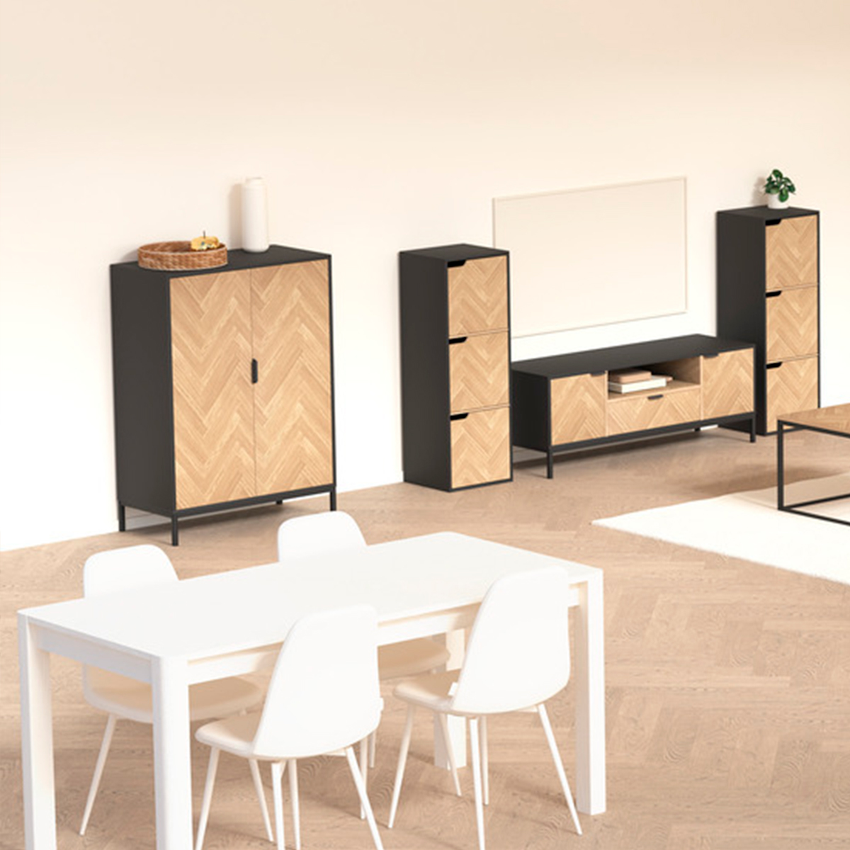 Cabinet 2 portes, effet pin naturel et noir Chevrons