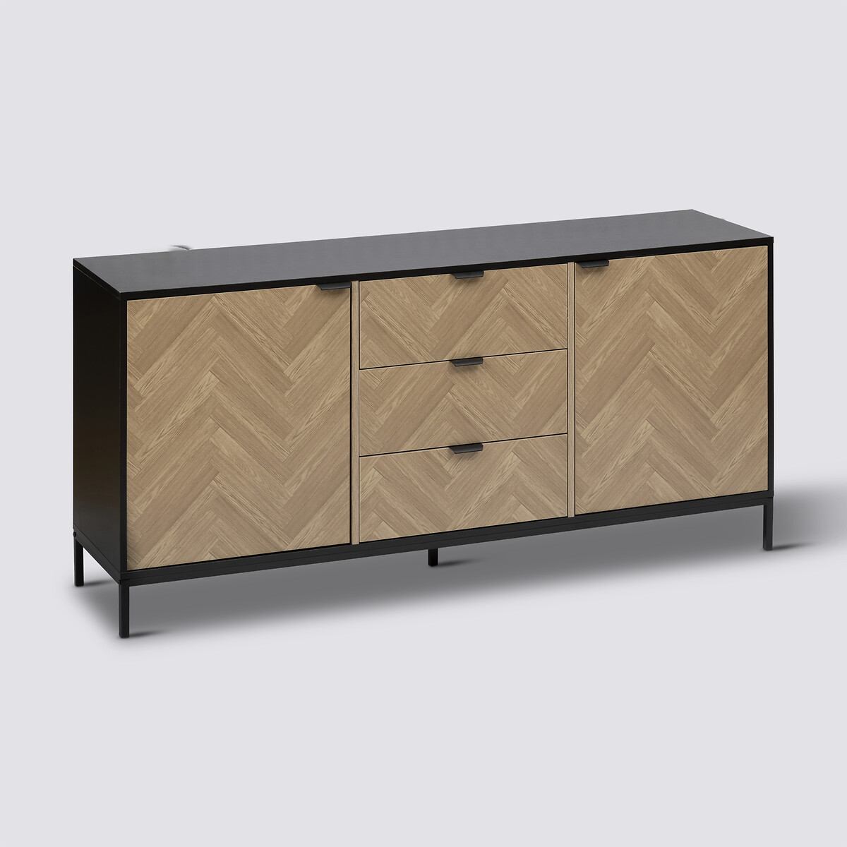 Buffet 2 portes 3 tiroirs, effet pin naturel Chevrons