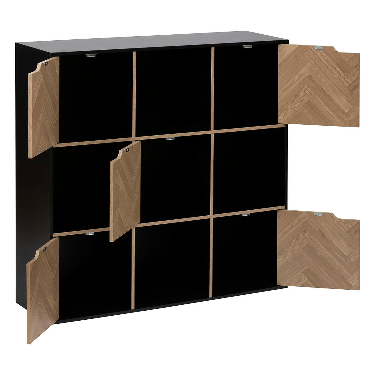 Etagère 9 cases, effet bois et noir Chevrons