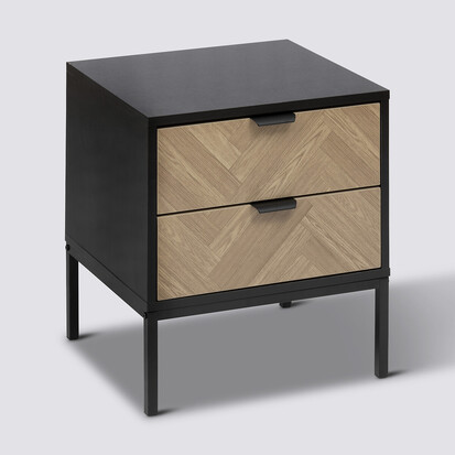 Chevet 2 tiroirs, effet pin naturel et noir Chevrons