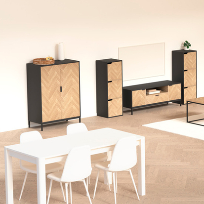 Cabinet 2 portes, effet pin naturel et noir Chevrons