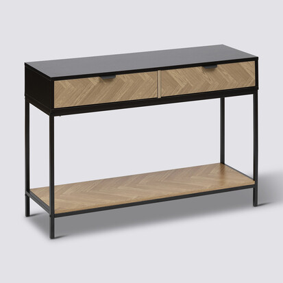 Console 2 tiroirs, effet pin naturel et noir Chevrons