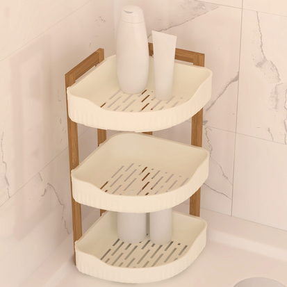 Etagère d'angle 3 niveaux, bambou - blanc Naturéo