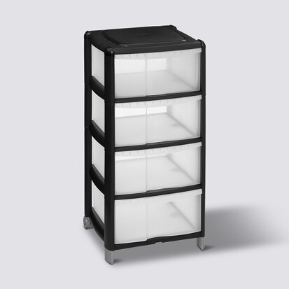 Tour de rangement 4 tiroirs avec roues, noir 