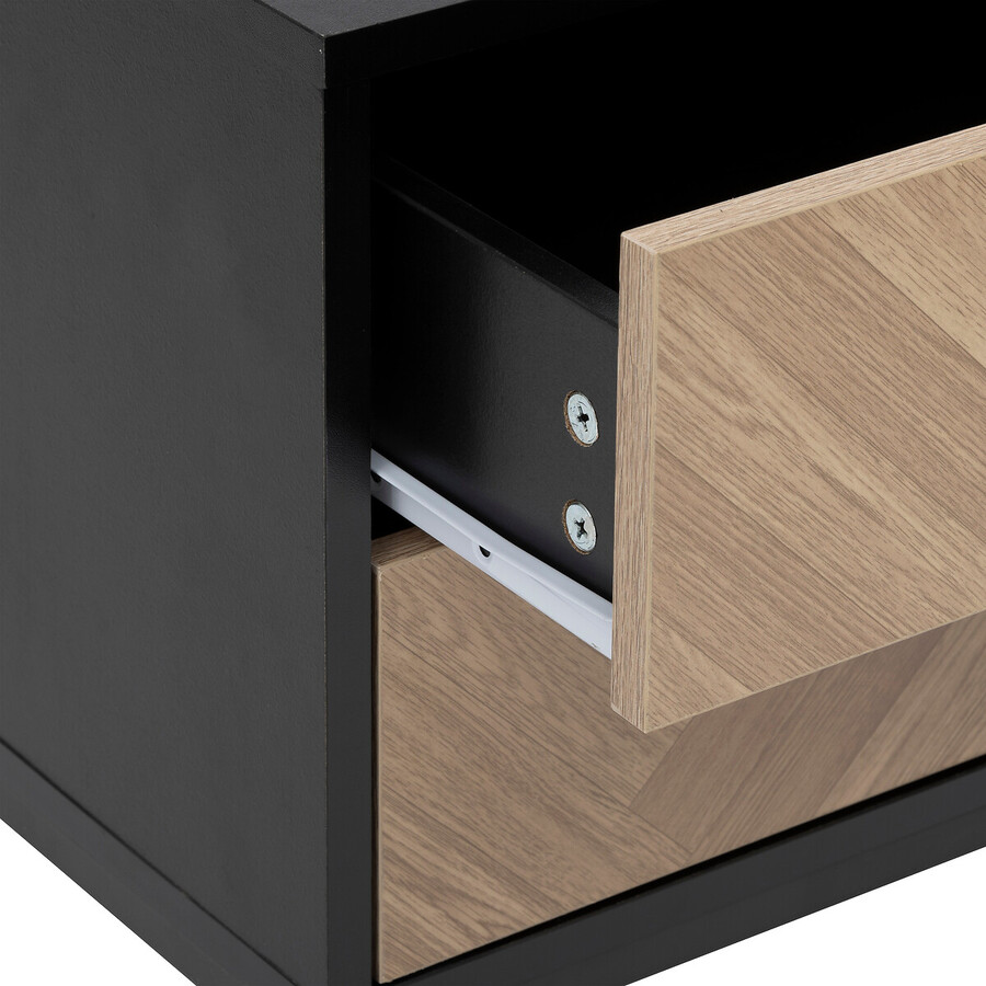 Chevet 2 tiroirs, effet pin naturel et noir Chevrons