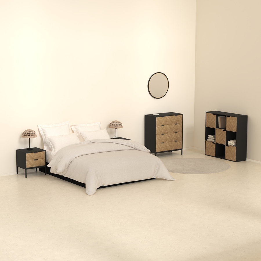 Commode 4 tiroirs, effet pin naturel et noir Chevrons