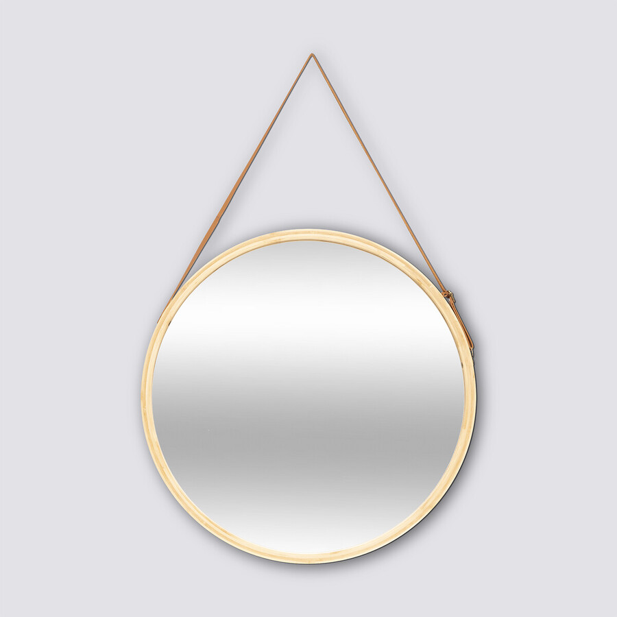 Miroir mural rond avec lanière cuir, 50cm, bambou 