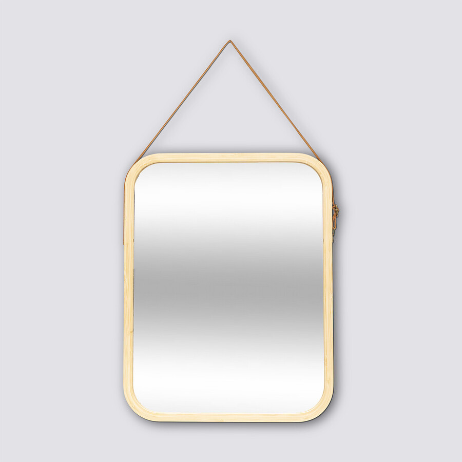 Miroir mural avec lanière cuir, 45x35cm, bambou 