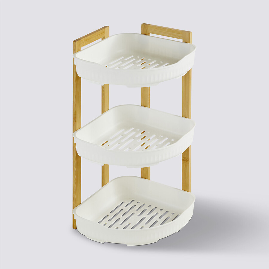 Etagère d'angle 3 niveaux, bambou - blanc Naturéo