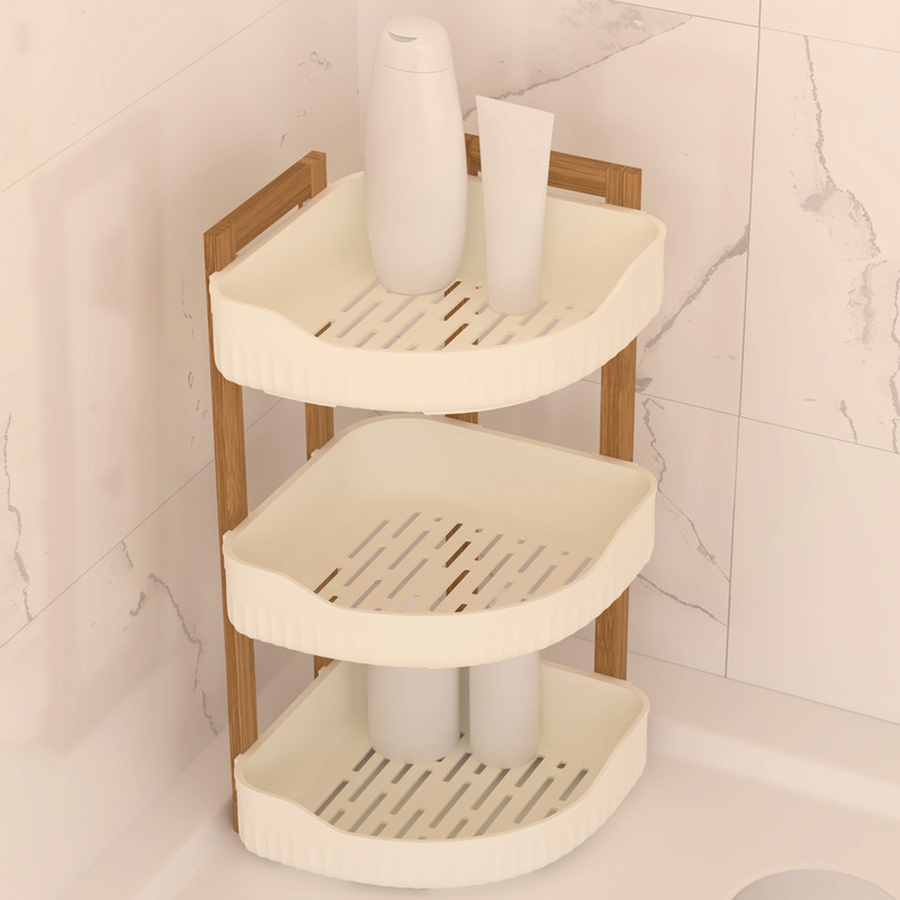 Etagère d'angle 3 niveaux, bambou - blanc Naturéo