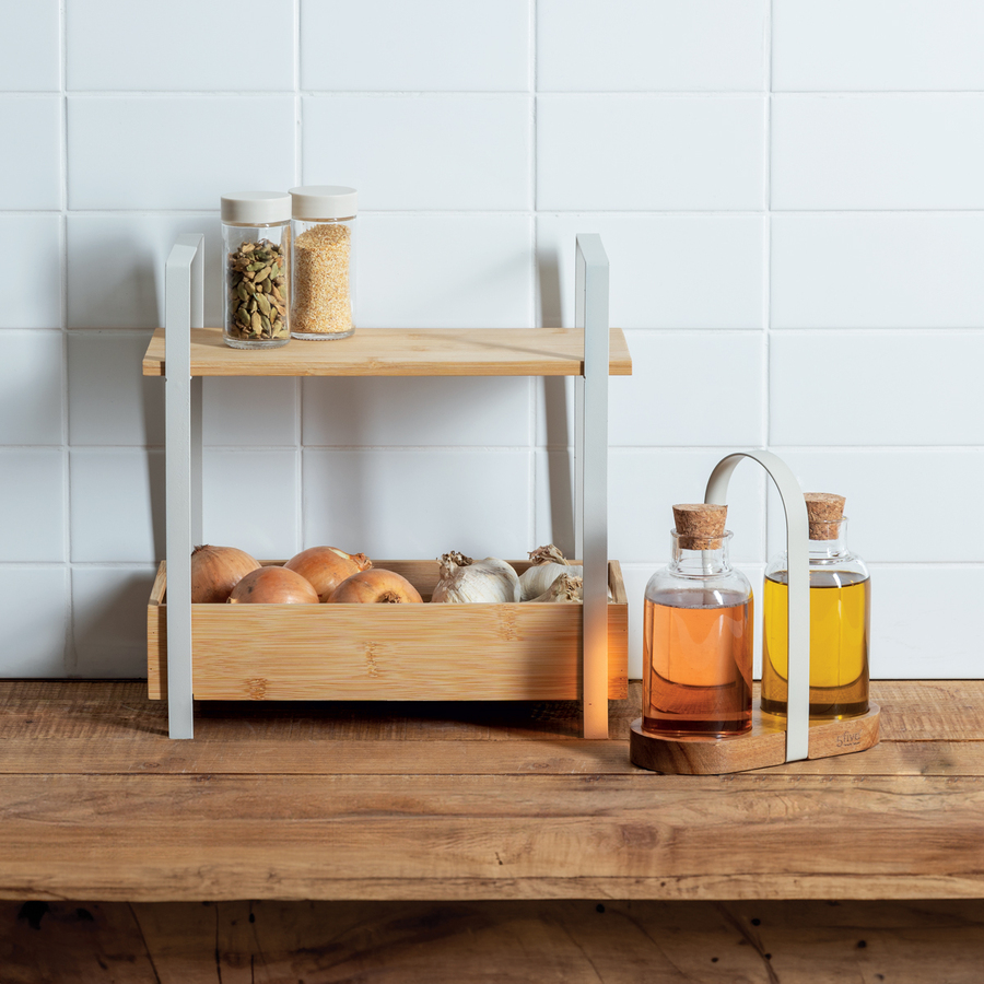 Etagère 2 niveaux avec bac de rangement, bambou Ordera