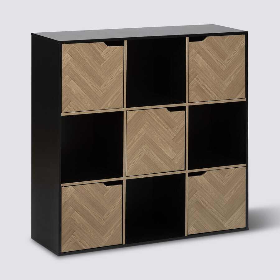 Etagère 9 cases, effet bois et noir Chevrons