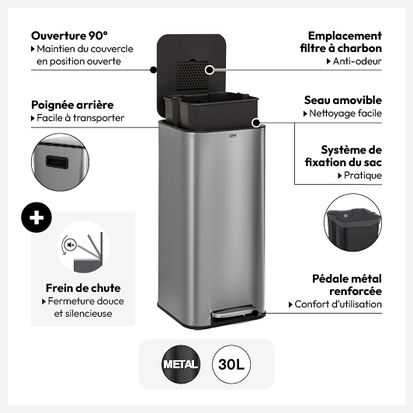 Poubelle métal 30l, inox Delta