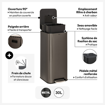 Poubelle métal 30l, gris Delta