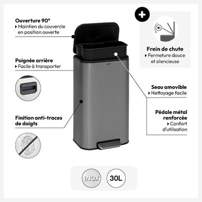 Poubelle métal 30l, inox finition mat 