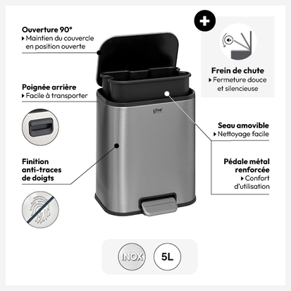 Poubelle soft close métal 5l, argent 