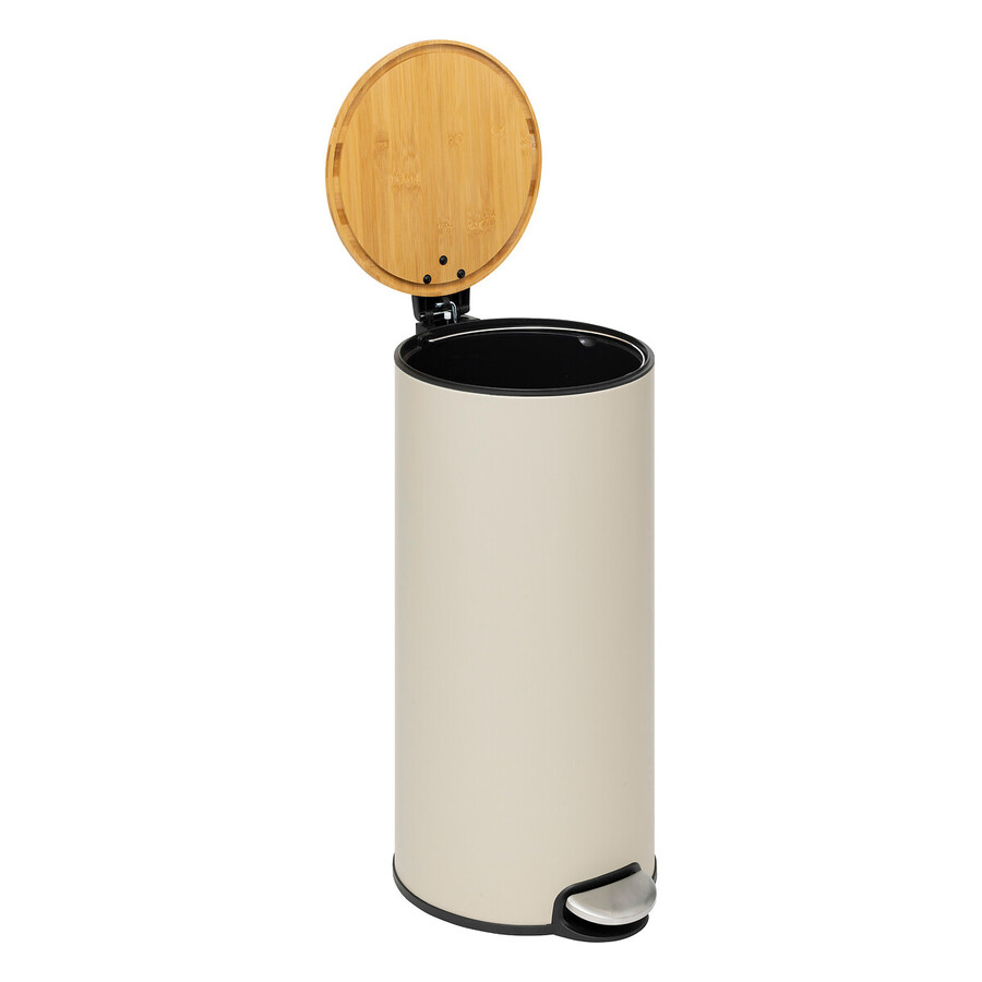 Poubelle ronde soft close couvercle bambou 30l, lin