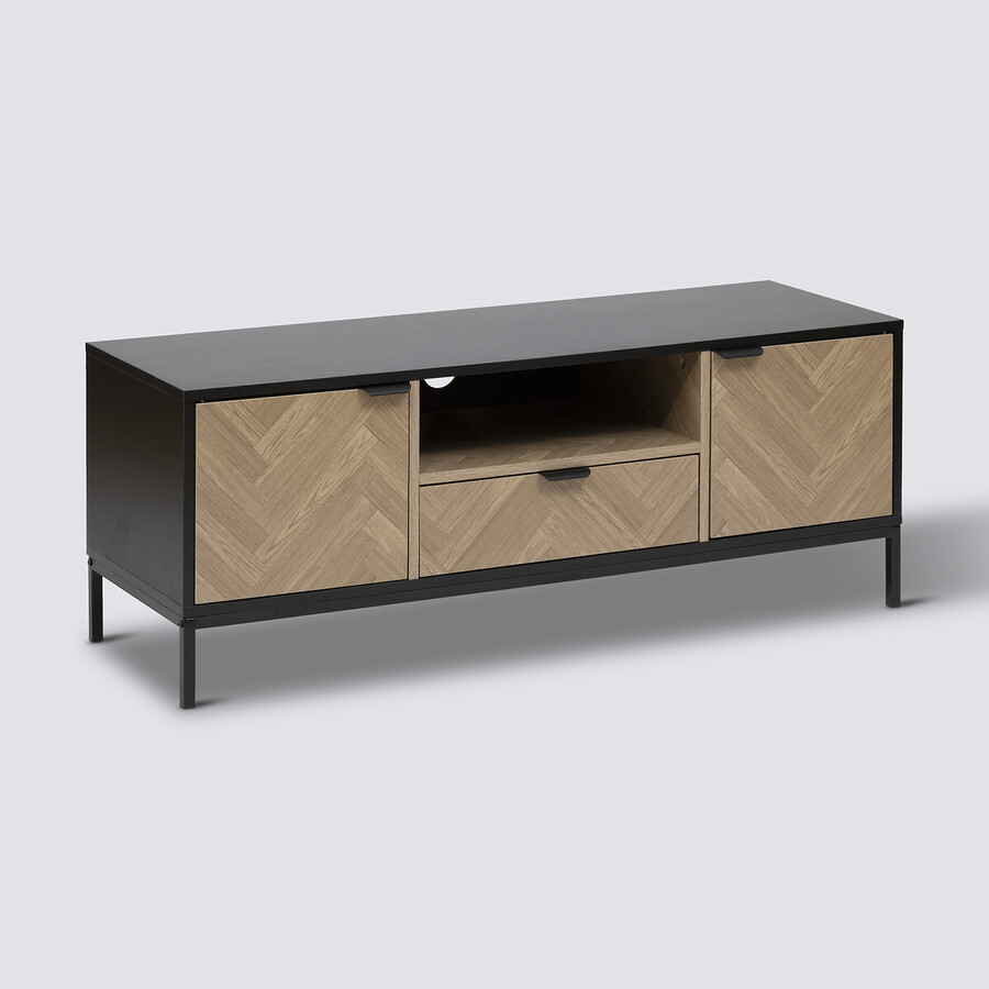 Meuble tv 3 portes sof close, effet bois et noir Chevrons