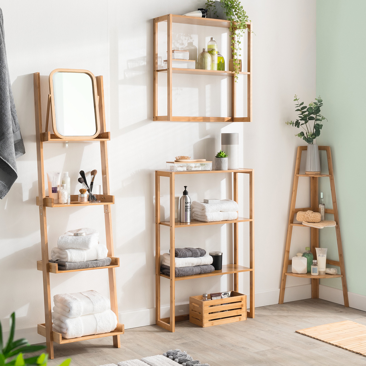 Étagère d'angle 3 niveaux Bambou