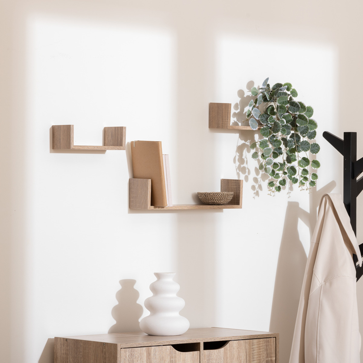 3 étagères murales, effet bois naturel Fixy