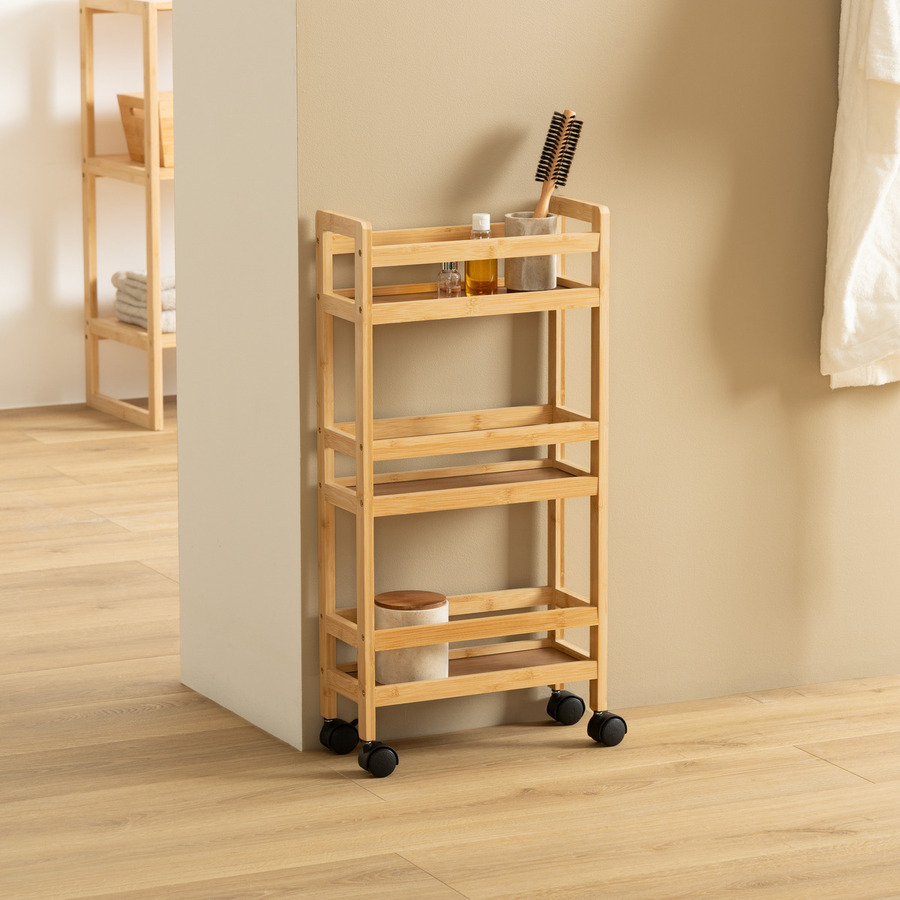 Desserte étroite 3 niveaux à roulettes Bambou
