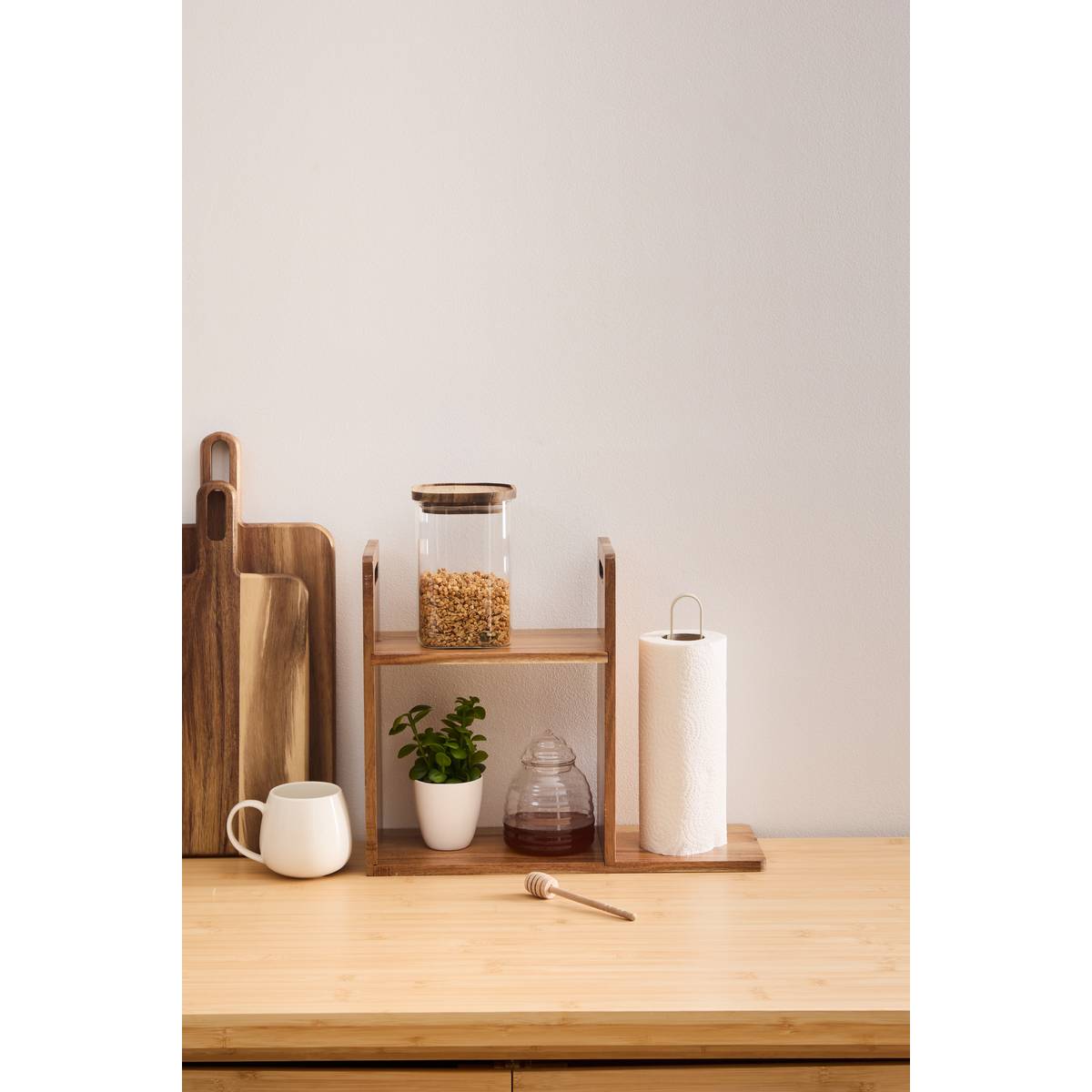 Etagère et porte-rouleau, 2 niveaux, marron Acacia