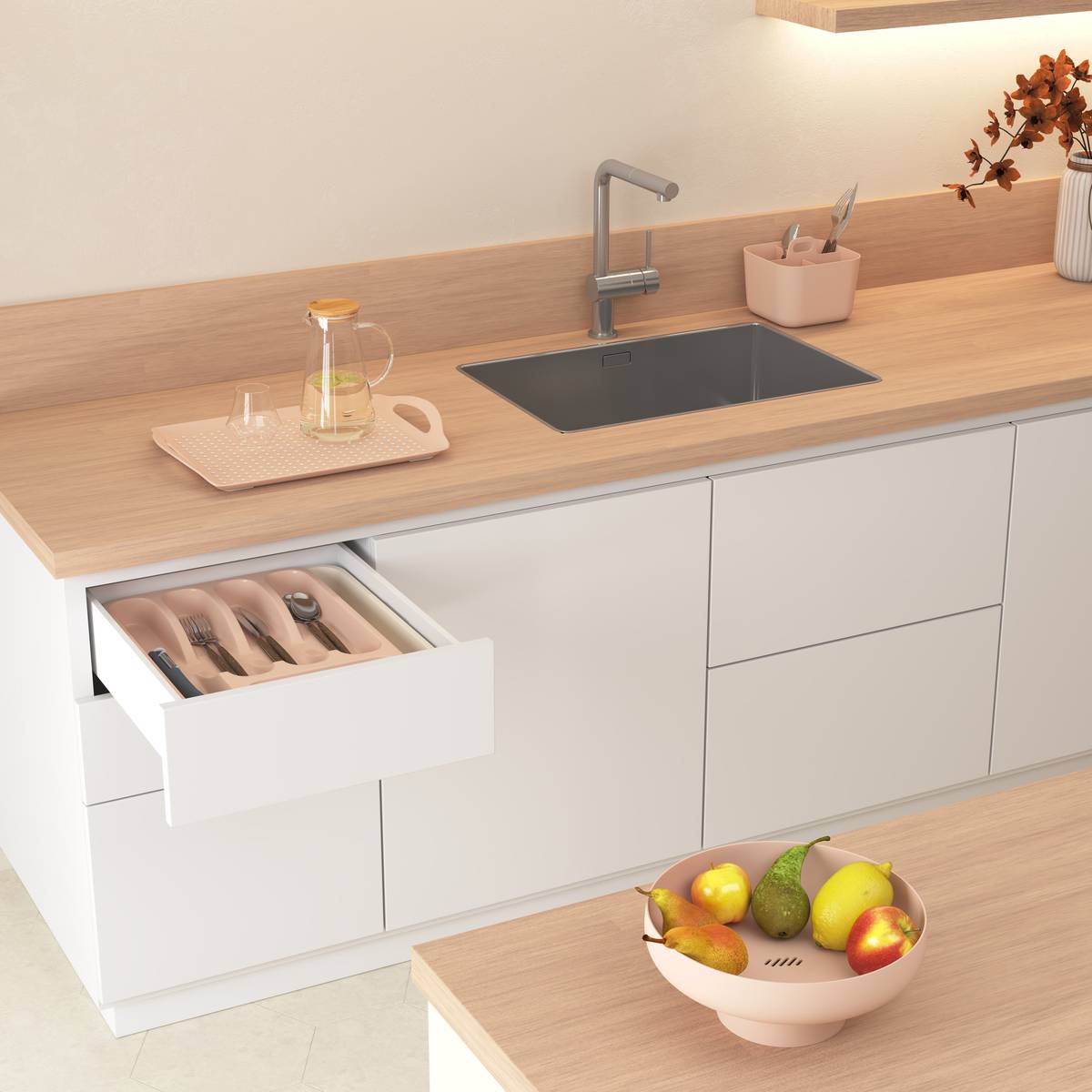 Plateau antidérapant, 45,5x31,5 cm, rose Poly