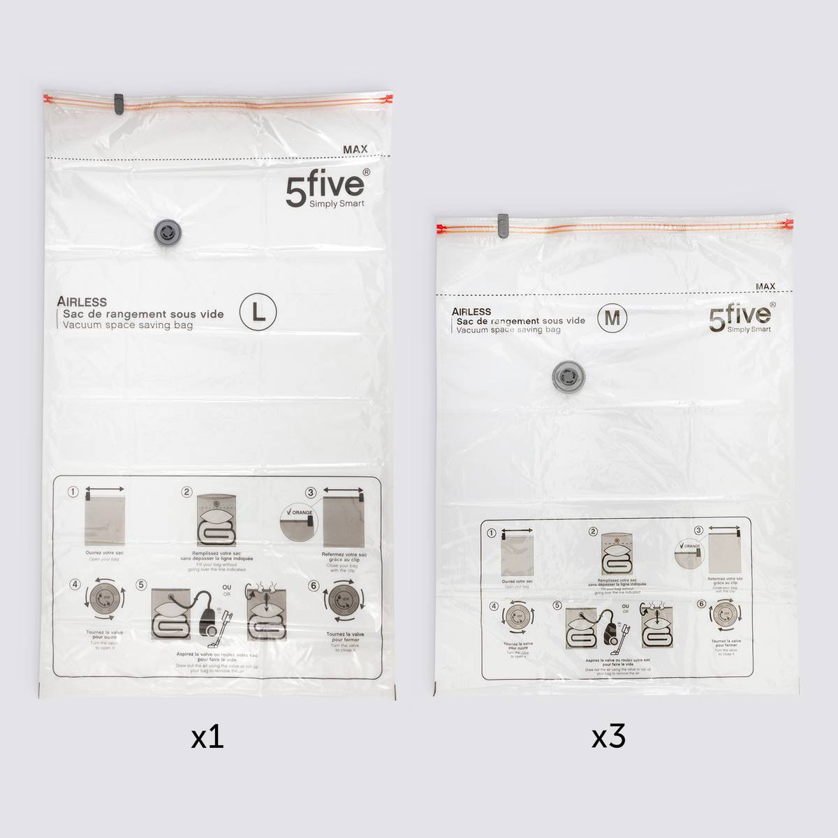 Lot de 4 sacs compresseurs, l.80/120 cm, transparent Airless
