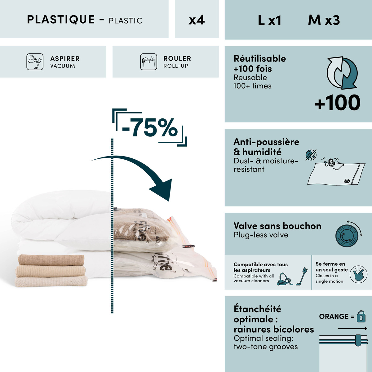 Lot de 4 sacs compresseurs, l.80/120 cm, transparent Airless