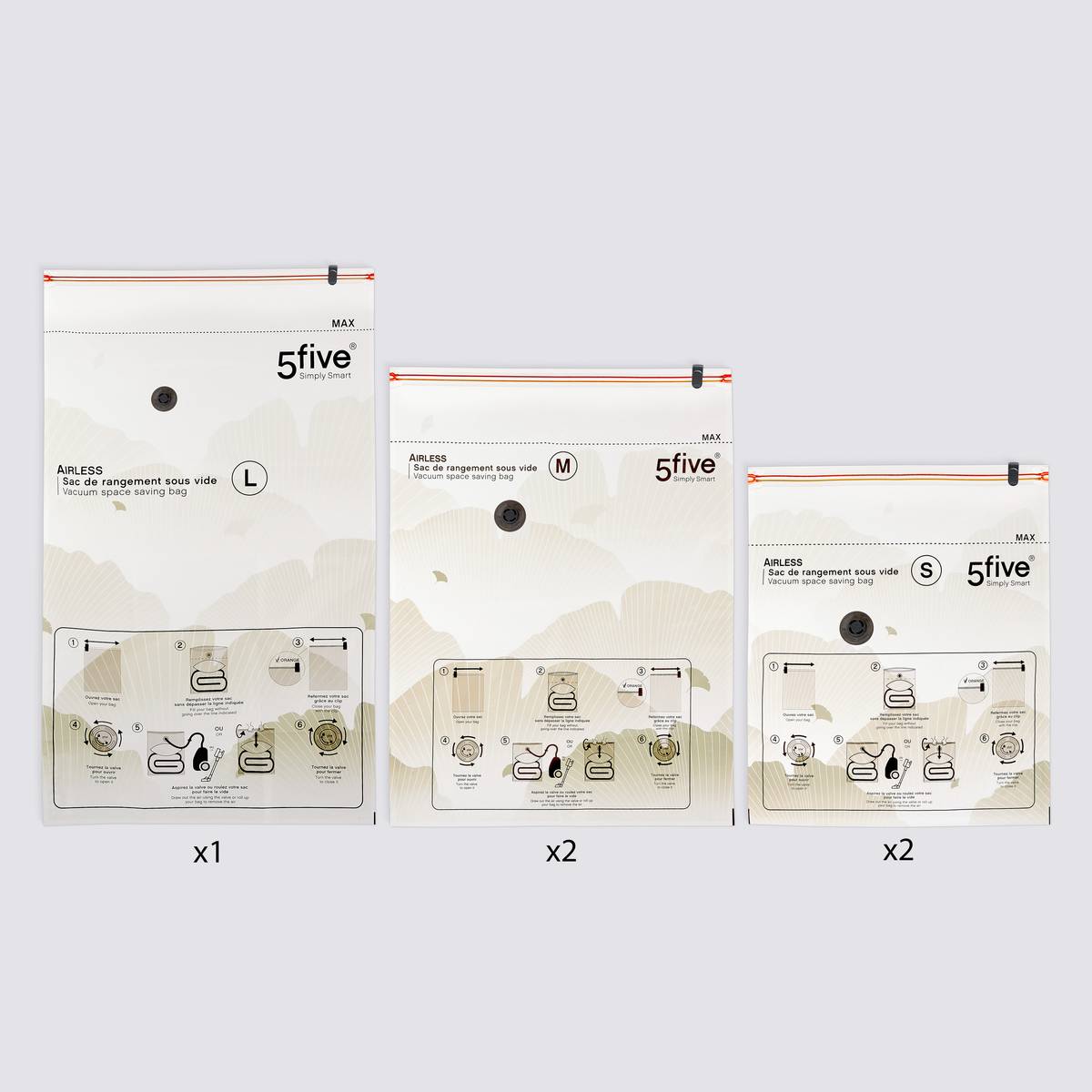 Lot de 5 sacs compresseurs, l.59/80/120 cm, transparent Airless