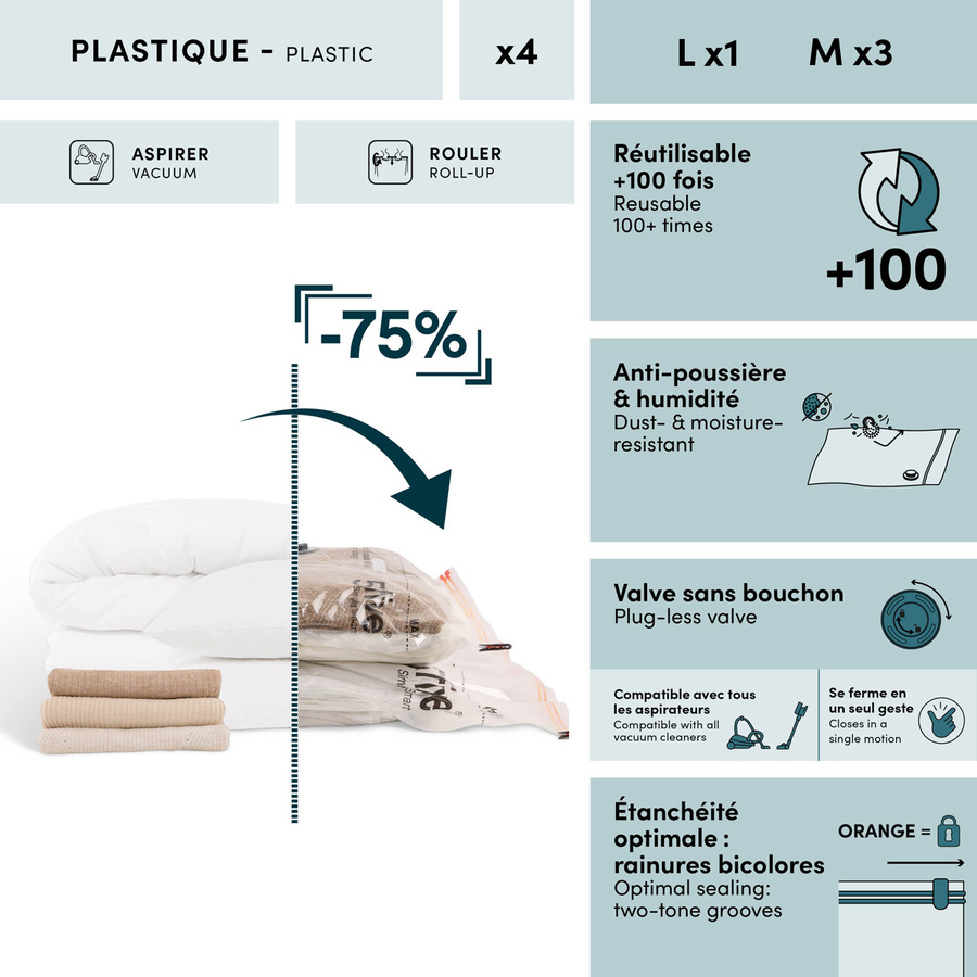 Lot de 4 sacs compresseurs, l.80/120 cm, transparent Airless