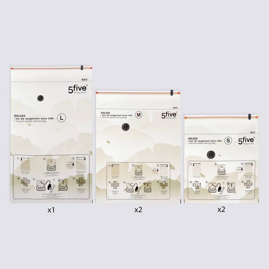 Lot de 5 sacs compresseurs, l.59/80/120 cm, transparent Airless
