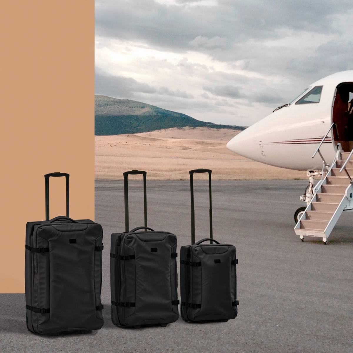 Set de 3 valises souples, 2 roues, fermeture tsa, noir 