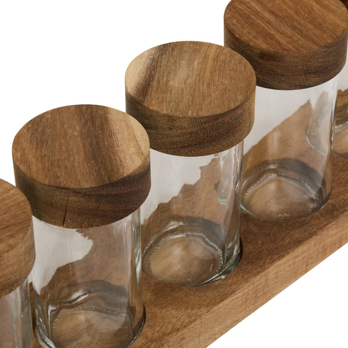 Lot de 6 pots à épices avec support, acacia