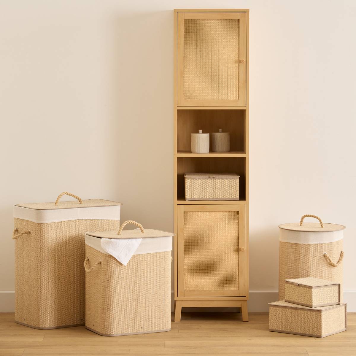 Set de 3 boîtes de rangement, l.25/30/35 cm, beige Stemy