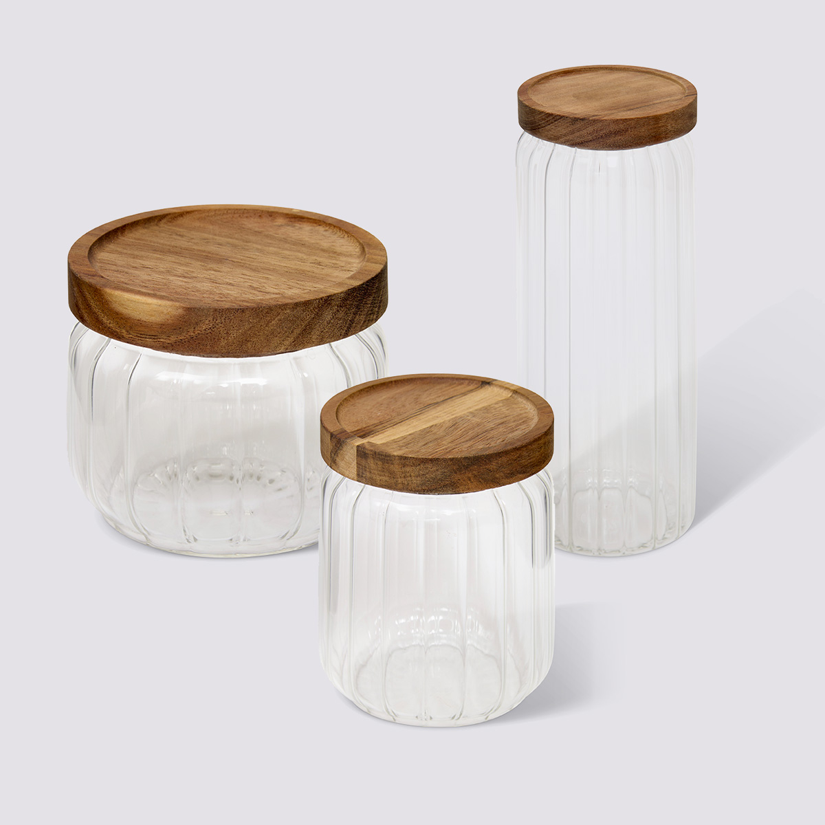Lot de 3 bocaux, verre, couvercle acacia, 0,3/0,5/1,4l Harmony