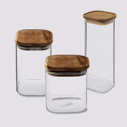 Lot de 3 bocaux, verre, couvercle acacia, 0,6/1/2l Hermet