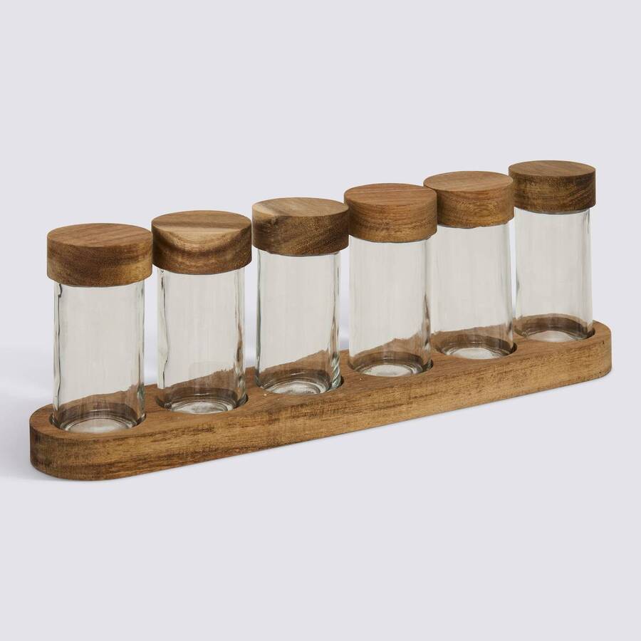 Lot de 6 pots à épices avec support, acacia