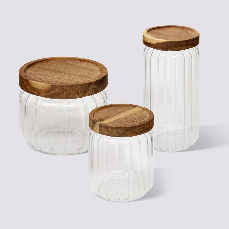Lot de 3 bocaux, verre, couvercle acacia, 0,3/0,5/1l Harmony