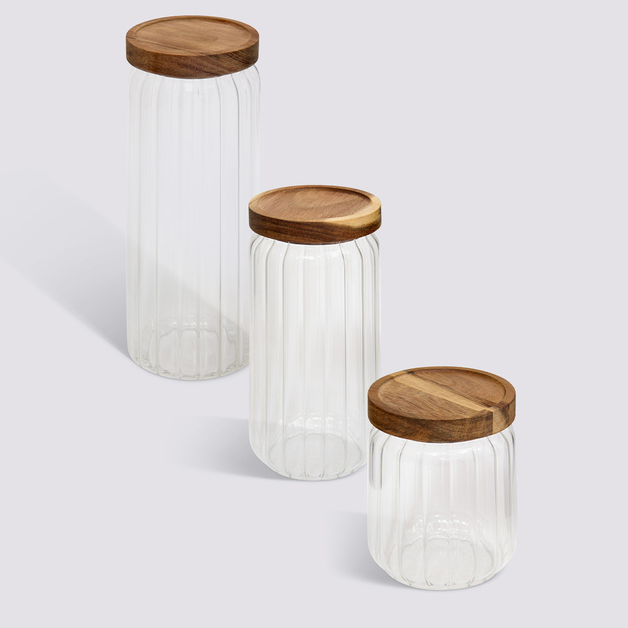 Lot de 3 bocaux, verre, couvercle acacia 0,5/1/1,4l Harmony