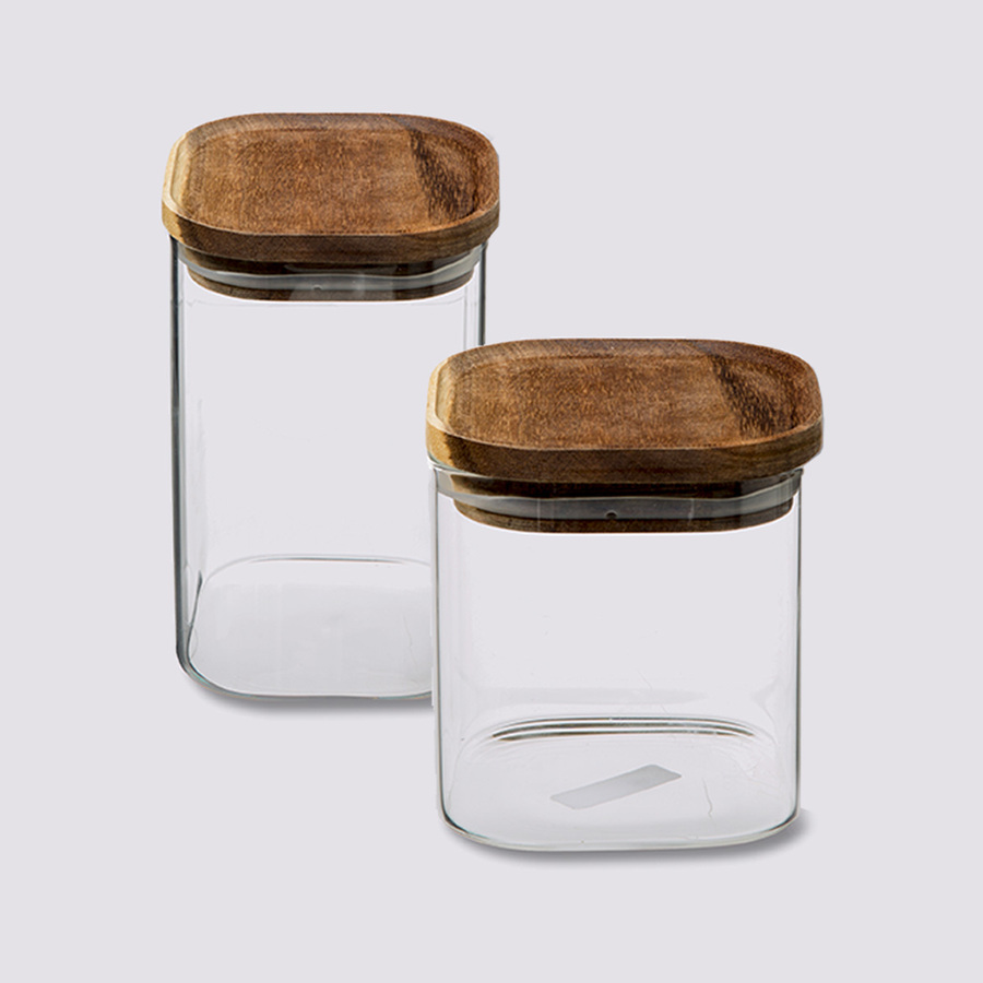 Lot de 2 bocaux, verre, couvercle acacia, 0,6/1l Hermet