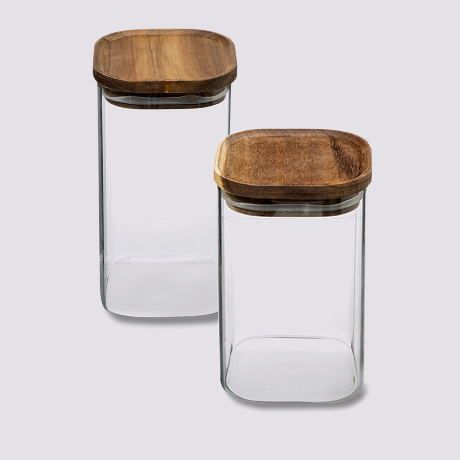 Lot de 2 bocaux, verre, couvercle acacia, 1/1,6l Hermet