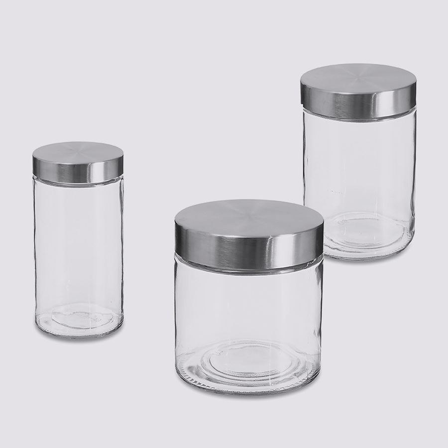 Lot de 3 bocaux, verre, couvercle inox, 0,75/1,2/1,7l Nixo