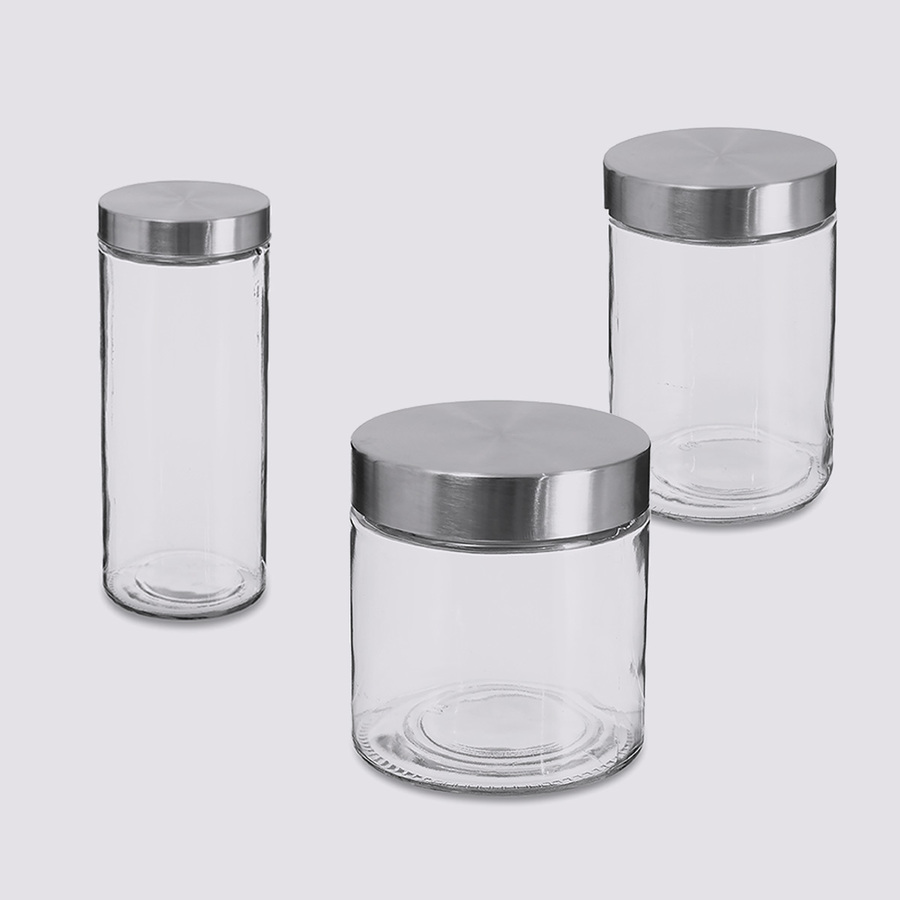 Lot de 3 bocaux, verre, couvercle inox, 0,75/1,2/2l Nixo