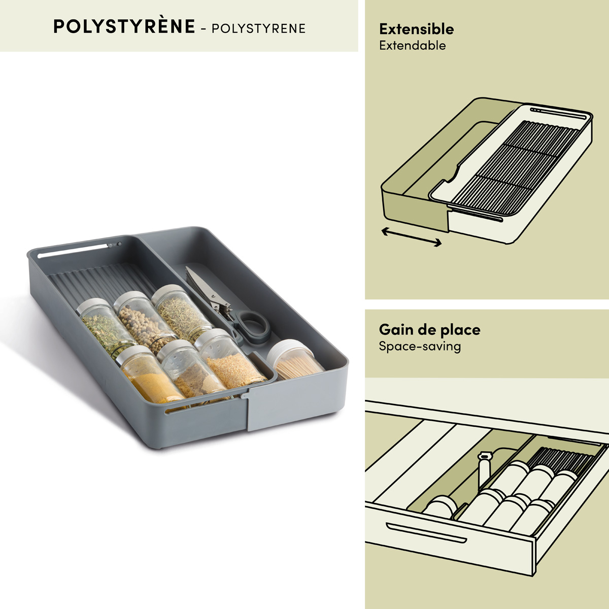 Support à épices extensible pour tiroir, 39,1x14,7 cm, gris Neo