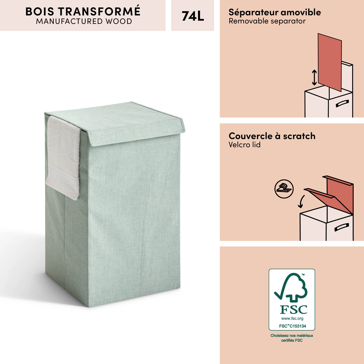 Corbeille à linge, 74l, vert céladon Colorama