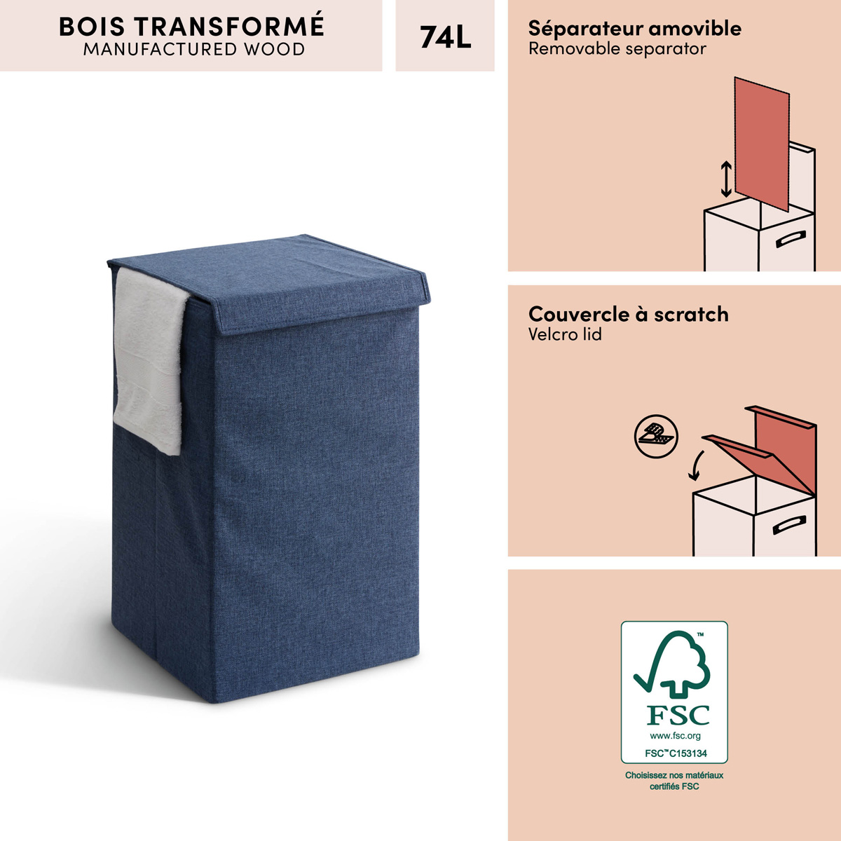 Corbeille à linge, 74l, bleu Colorama